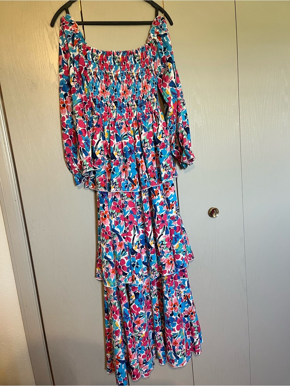 Pink Lily Floral Tiered Maxi Dress with Smocking in Blue, Pink & White